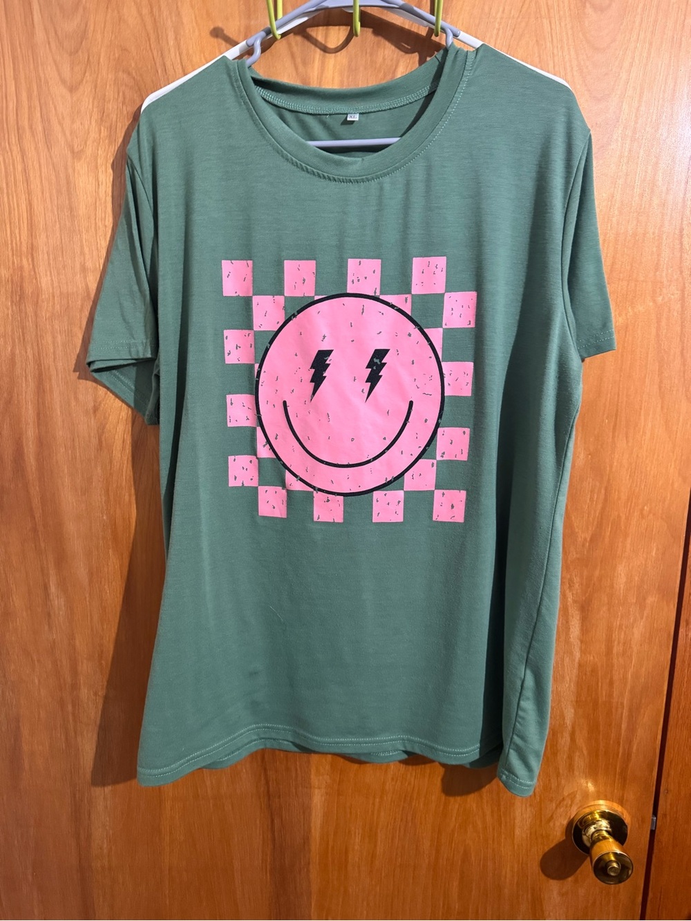 Kids Green Tee with Pink Smiley Graphic